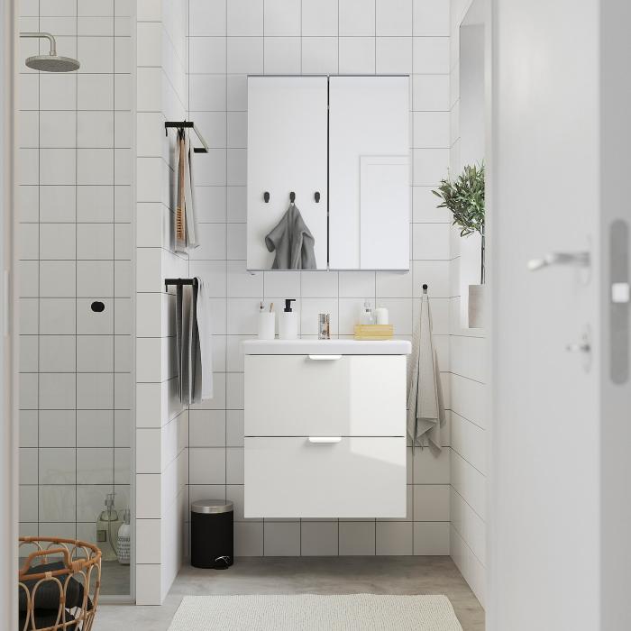FISKÅN ФИСКОН / TVÄLLEN ТВЭЛЛЕН, Комплект мебели для ванной,6 предм., глянцевый белый/ПИЛКОН смеситель