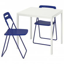 MELLTORP МЕЛЬТОРП / NISSE НИССЕ, Стол и 2 складных стула, белый/темный сине-сиреневый