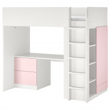 SMÅSTAD СМОСТАД, Кровать-чердак, белый бледно-розовый/с письменным столом с 3 ящиками